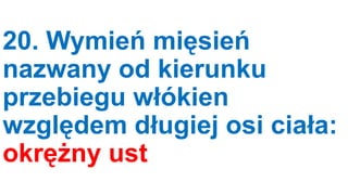 20. Wymień mięsień
nazwany od kierunku
przebiegu włókien
względem długiej osi ciała:
okrężny ust

 