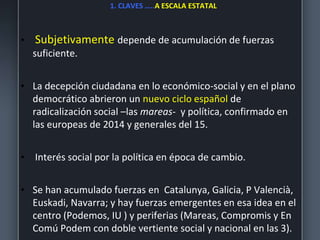 1. CLAVES …..A ESCALA ESTATAL
• Subjetivamente depende de acumulación de fuerzas
suficiente.
• La decepción ciudadana en lo económico-social y en el plano
democrático abrieron un nuevo ciclo español de
radicalización social –las mareas- y política, confirmado en
las europeas de 2014 y generales del 15.
• Interés social por la política en época de cambio.
• Se han acumulado fuerzas en Catalunya, Galicia, P Valencià,
Euskadi, Navarra; y hay fuerzas emergentes en esa idea en el
centro (Podemos, IU ) y periferias (Mareas, Compromis y En
Comú Podem con doble vertiente social y nacional en las 3).
 