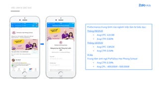 VIỆC LÀM & GIÁO DỤC
Preformance trung bình của ngành Việc làm & Giáo dục:
Tháng 09/2020
• Avg.CPC: 4,019đ
• Avg.CTR: 0.60%
Tháng 10/2020
• Avg.CPC: 3,852đ
• Avg.CTR: 0.54%
Ví dụ:
Trung tâm anh ngữ PoPoDoo Hai Phong School
• Avg.CTR: 0.34%
• Avg.CPL : 400,000đ – 500,000đ
 