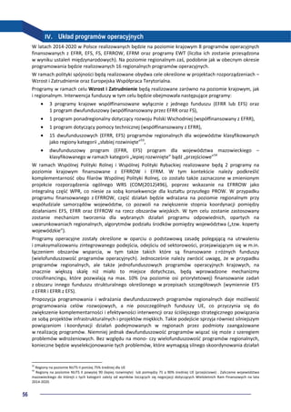 56
IV. Układ programów operacyjnych
W latach 2014-2020 w Polsce realizowanych będzie na poziomie krajowym 8 programów operacyjnych
finansowanych z EFRR, EFS, FS, EFRROW, EFRM oraz programy EWT (liczba ich zostanie przesądzona
w wyniku ustaleń międzynarodowych). Na poziomie regionalnym zaś, podobnie jak w obecnym okresie
programowania będzie realizowanych 16 regionalnych programów operacyjnych.
W ramach polityki spójności będą realizowane obydwa cele określone w projektach rozporządzeniach –
Wzrost i Zatrudnienie oraz Europejska Współpraca Terytorialna.
Programy w ramach celu Wzrost i Zatrudnienie będą realizowane zarówno na poziomie krajowym, jak
i regionalnym. Interwencja funduszy w tym celu będzie obejmowała następujące programy:
• 3 programy krajowe współfinansowane wyłącznie z jednego funduszu (EFRR lub EFS) oraz
1 program dwufunduszowy (współfinansowany przez EFRR oraz FS),
• 1 program ponadregionalny dotyczący rozwoju Polski Wschodniej (współfinansowany z EFRR),
• 1 program dotyczący pomocy technicznej (współfinansowany z EFRR),
• 15 dwufunduszowych (EFRR, EFS) programów regionalnych dla województw klasyfikowanych
jako regiony kategorii „słabiej rozwinięte”53
,
• dwufunduszowy program (EFRR, EFS) program dla województwa mazowieckiego –
klasyfikowanego w ramach kategorii „lepiej rozwinięte” bądź „przejściowe”54
W ramach Wspólnej Polityki Rolnej i Wspólnej Polityki Rybackiej realizowane będą 2 programy na
poziomie krajowym finansowane z EFRROW i EFRM. W tym kontekście należy podkreślić
komplementarność obu filarów Wspólnej Polityki Rolnej, co zostało także zaznaczone w zmienionym
projekcie rozporządzenia ogólnego WRS (COM(2012)496), poprzez wskazanie na EFRROW jako
integralną część WPR, co niesie za sobą konsekwencje dla kształtu przyszłego PROW. W przypadku
programu finansowanego z EFRROW, część działań będzie wdrażana na poziomie regionalnym przy
współudziale samorządów województw, co pozwoli na zwiększenie stopnia koordynacji pomiędzy
działaniami EFS, EFRR oraz EFFROW na rzecz obszarów wiejskich. W tym celu zostanie zastosowany
zostanie mechanizm tworzenia dla wybranych działań programu odpowiednich, opartych na
uwarunkowaniach regionalnych, algorytmów podziału środków pomiędzy województwa („tzw. koperty
wojewódzkie”).
Programy operacyjne zostały określone w oparciu o podstawową zasadę polegającą na utrwaleniu
i zmaksymalizowaniu zintegrowanego podejścia, odejściu od sektorowości, przejawiającym się w m.in.
łączeniem obszarów wsparcia, w tym także takich które są finansowane z różnych funduszy
(wielofunduszowość programów operacyjnych). Jednocześnie należy zwrócić uwagę, że w przypadku
programów regionalnych, ale także jednofunduszowych programów operacyjnych krajowych, na
znacznie większą skalę niż miało to miejsce dotychczas, będą wprowadzone mechanizmy
crossfinancingu, które pozwalają na max. 10% (na poziomie osi priorytetowej) finansowanie zadań
z obszaru innego funduszu strukturalnego określonego w przepisach szczegółowych (wymiennie EFS
z EFRR i EFRR z EFS).
Propozycja programowania i wdrażania dwufunduszowych programów regionalnych daje możliwość
programowania celów rozwojowych, a nie poszczególnych funduszy UE, co przyczynia się do
zwiększenie komplementarności i efektywności interwencji oraz ściślejszego strategicznego powiązania
ze sobą projektów infrastrukturalnych i projektów miękkich. Takie podejście sprzyja również silniejszym
powiązaniom i koordynacji działań podejmowanych w regionach przez podmioty zaangażowane
w realizację programów. Niemniej jednak dwufunduszowość programów wiązać się może z szeregiem
problemów wdrożeniowych. Bez względu na mono- czy wielofunduszowość programów regionalnych,
konieczne będzie wyselekcjonowanie tych problemów, które wymagają silnego skoordynowania działań
53
Regiony na poziomie NUTS II poniżej 75% średniej dla UE
54
Regiony na poziomie NUTS II powyżej 90 (lepiej rozwinięte) lub pomiędzy 75 a 90% średniej UE (przejściowe) . Zaliczenie województwa
mazowieckiego do którejś z tych kategorii zależy od wyników toczących się negocjacji dotyczących Wieloletnich Ram Finansowych na lata
2014-2020.
 