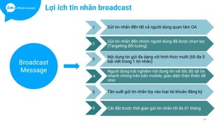 10
Broadcast
Message
1 Gửi tin nhắn đến tất cả người dùng quan tâm OA
2
Gửi tin nhắn đến nhóm người dùng đã được chọn lọc
(Targeting đối tượng)
3
Nội dung tin gửi đa dạng với hình thức multi (tối đa 5
bài viết trong 1 tin nhắn)
4
Người dùng trải nghiệm nội dung tin với tốc độ tải tin
nhanh chóng trên bản mobile, giao diện thân thiện dễ
nhìn.
5 Tần suất gửi tin nhắn tùy vào loại tài khoản đăng ký
6 Cài đặt trước thời gian gửi tin nhắn tối đa 01 tháng
Lợi ích tin nhắn broadcast
 