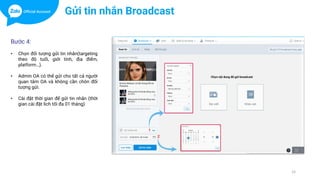 15
Gửi tin nhắn Broadcast
Bước 4:
• Chọn đối tượng gửi tin nhắn(targeting
theo độ tuổi, giới tính, địa điểm,
platform…).
• Admin OA có thể gửi cho tất cả người
quan tâm OA và không cần chôn đối
tượng gửi.
• Cài đặt thời gian để gửi tin nhắn (thời
gian cài đặt lich tối đa 01 tháng)
 