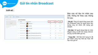 17
Lich sử :
Báo cáo số liệu tin nhắn sau
24h, thống kê theo các thông
tin sau:
• Đã gửi: Tổng số người dùng quan tâm
OA (Follower) hoặc số người quan tâm
tương ứng với nhóm đối tượng gửi
(target)
• Đã nhận: Số người dùng nhận tin nhắn
(Người dùng có kết nối mạng internet:
wifi,3g..tại thời điểm gửi tin)
• Trạng thái : thể hiện tình trạng tin đã
gửi thành công hay thất bại hoặc hết
hạn mức gửi tin
Gửi tin nhắn Broadcast
 