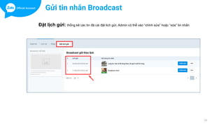 Đặt lịch gửi: thống kê các tin đã cài đặt lich gửi, Admin có thể vào “chỉnh sửa” hoặc “xóa” tin nhắn
19
Gửi tin nhắn Broadcast
 