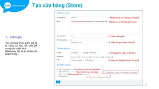 34
Tạo cửa hàng (Store)
1. Giảm giá:
Tạo chương trình giảm giá sẽ
là công cụ hữu ích cho OA
trong các chiến dịch
Marketing, PR, tri ân, chăm sóc
khách hàng.
 