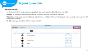 Mời người quan tâm:
• OA được mời tối đa 20 người quan tâm/ngày ( danh sách người quan tâm đồng bộ với danh bạ Zalo)
• Đang gửi: lời mời đã gửi đến người quan tâm OA, đang trong quá trình từ chối hoặc chấp nhận.
• Chấp nhận: những người quan tâm đã chấp nhận lời mời và trở thành follower (hiển thị danh sách user chấp nhận quan tâm OA
trong 7 ngày gần nhất)
• Từ chối: người quan tâm đã từ chối lời mời quan tâm OA
41
Người quan tâm
 