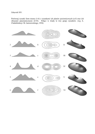 Załącznik XIV.


    Porównaj rysunki form terenu (1-6) z rysunkami ich planów poziomicowych (a-f) oraz ich
    obrazami panoramicznymi (I-VI). Połącz w triady te trzy grupy rysunków. (wg A.
    Chałubińskiej i M. Janiszewskiego, 1954)




              1                               a                              I




2                                  b                             II




3                                  c                             III




4                                  d                             IV




5                                  e                             V




6                                  f                             VI
 