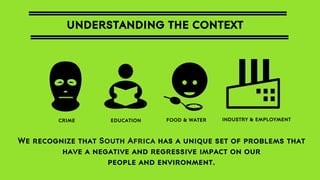 UNDERSTANDING THE CONTEXT

CRIME

EDUCATION

FOOD & WATER

INDUSTRY & EMPLOYMENT

We recognize that South Africa has a unique set of problems that
have a negative and regressive impact on our
people and environment.

 