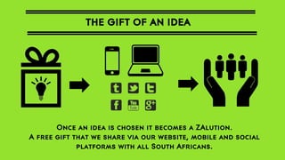 THE GIFT OF AN IDEA

Once an idea is chosen it becomes a ZAlution.
A free gift that we share via our website, mobile and social
platforms with all South Africans.

 