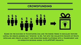CROWDFUNDING

$ $ $

$ $ $

$ $ $

Based on the success of Kickstarter.com and the rising trend to socialize venture
capital we create modern day ‘stokvel’ in SA. Tap into the collective pockets of South
Africans and create an equity and donation based platforms with a transparent and
co-operative revenue model to KLAPSTART projects.

 