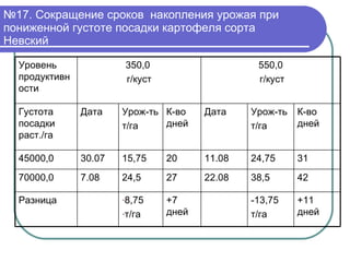 № 17. Сокращение сроков  накопления урожая при пониженной густоте посадки картофеля сорта Невский +11 дней -13,75 т/га +7 дней 8,75 т/га Разница 42 38,5 22.08 27 24,5 7.08 70000,0 31 24,75 11.08 20 15,75 30.07 45000,0 К-во дней Урож-ть т/га Дата К-во дней Урож-ть т/га Дата Густота посадки раст./га 550,0 г/куст 350,0  г/куст Уровень продуктивности 