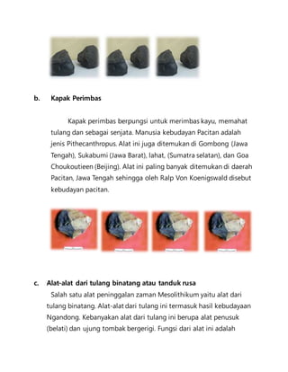 b. Kapak Perimbas 
Kapak perimbas berpungsi untuk merimbas kayu, memahat 
tulang dan sebagai senjata. Manusia kebudayan Pacitan adalah 
jenis Pithecanthropus. Alat ini juga ditemukan di Gombong (Jawa 
Tengah), Sukabumi (Jawa Barat), lahat, (Sumatra selatan), dan Goa 
Choukoutieen (Beijing). Alat ini paling banyak ditemukan di daerah 
Pacitan, Jawa Tengah sehingga oleh Ralp Von Koenigswald disebut 
kebudayan pacitan. 
c. Alat-alat dari tulang binatang atau tanduk rusa 
Salah satu alat peninggalan zaman Mesolithikum yaitu alat dari 
tulang binatang. Alat-alat dari tulang ini termasuk hasil kebudayaan 
Ngandong. Kebanyakan alat dari tulang ini berupa alat penusuk 
(belati) dan ujung tombak bergerigi. Fungsi dari alat ini adalah 
 