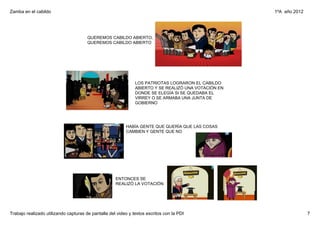 Zamba en el cabildo                                                                                    1ºA  año 2012




                                       QUEREMOS CABILDO ABIERTO, 
                                       QUEREMOS CABILDO ABIERTO




                                                               LOS PATRIOTAS LOGRARON EL CABILDO 
                                                               ABIERTO Y SE REALIZÓ UNA VOTACIÓN EN 
                                                               DONDE SE ELEGÍA SI SE QUEDABA EL 
                                                               VIRREY O SE ARMABA UNA JUNTA DE 
                                                               GOBIERNO




                                                          HABÍA GENTE QUE QUERÍA QUE LAS COSAS 
                                                          CAMBIEN Y GENTE QUE NO




                                                     ENTONCES SE 
                                                     REALIZÓ LA VOTACIÓN




Trabajo realizado utilizando capturas de pantalla del video y textos escritos con la PDI                               7
 