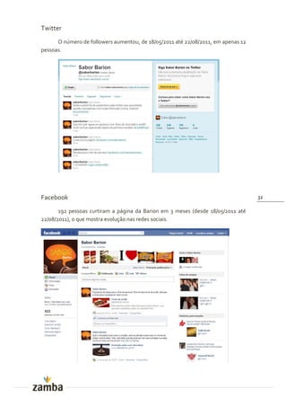 Twitter
      O número de followers aumentou, de 18/05/2011 até 22/08/2011, em apenas 12
pessoas.




Facebook                                                                           32

       192 pessoas curtiram a página da Barion em 3 meses (desde 18/05/2011 até
22/08/2011), o que mostra evolução nas redes sociais.
 