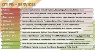 ADVICE         Commercial, Economic, Cultural, Regional, Social, Legal, Technical, Political Issues

CONSULTING     Business, Policy, Trade, Market, Tariffs, Barriers, Finance, Industry, Regulations, Law

FACILITATION   Licensing, Incorporation, Corporate Affairs, Business Travel & Permits, Taxation, Investment

RESEARCH       Economy, Sectors, Markets, Prospects, Competition, Products, Vendors, Partners

EVALUATION     Due-Diligence, Feasibility, Credit Worthiness, Risks, M&A/JV Opportunities

APPROVALS      Registrations, Patents & Trade Marks, Environment, FDI, Products, Standards

NEGOTIATION    Contracts, Agreements, Business Terms, Prices, Technology Transfers, IPR

BUSINESS DEV   Partner Identification, Match Making, Virtual Market Access, Networking, Opportunities

LIAISON        Federal Government & Departments, Local Government, Chambers, Associations

INVESTMENTS    Cross Border Fund Management, Investment Planning, ECBs, M&A, Multilateral Funding

EVENTS         Exhibitions, Training, Seminars, Road Shows, Delegations, Visits, Awards
 