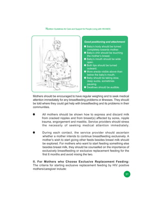 Nutrition Guidelines for Care and Support for People Living with HIV/AIDS

Good positioning and attachment:
Baby’s body should be turned
completely towards mother.
Baby’s chin should be touching
the mother’s breast.
Baby’s mouth should be wide
open.
Both lips should be turned
outward.
More areola visible above than
below the baby’s mouth.
Baby should be taking slow,
deep sucks, sometimes
pausing.
Swallows should be audible.

Mothers should be encouraged to have regular weighing and to seek medical
attention immediately for any breastfeeding problems or illnesses. They should
be told where they could get help with breastfeeding and its problems in their
communities.
All mothers should be shown how to express and discard milk
from cracked nipples and from breast(s) affected by sores, nipple
trauma, engorgement and mastitis. Service providers should stress
the necessity of seeking medical attention immediately.
During each contact, the service provider should ascertain
whether a mother intends to continue breastfeeding exclusively. A
mother’s wish to start giving other feeds besides breast milk should
be explored. For mothers who want to start feeding something else
besides breast milk, they should be counselled on the importance of
exclusively breastfeeding or exclusive replacement feeding for the
first 6 months and avoid mixing the two.
II. For Mothers who Choose Exclusive Replacement Feeding:
The criteria for starting exclusive replacement feeding by HIV positive
mothers/caregiver include:
31

 