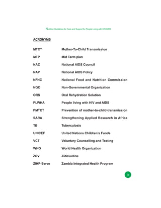 Nutrition Guidelines for Care and Support for People Living with HIV/AIDS

ACRONYMS
MTCT

Mother-To-Child Transmission

MTP

Mid Term plan

NAC

National AIDS Council

NAP

National AIDS Policy

NFNC

National Food and Nutrition Commission

NGO

Non-Governmental Organization

ORS

Oral Rehydration Solution

PLWHA

People living with HIV and AIDS

PMTCT

Prevention of mother-to-child-transmission

SARA

Strengthening Applied Research in Africa

TB

Tuberculosis

UNICEF

United Nations Children’s Funds

VCT

Voluntary Counselling and Testing

WHO

World Health Organization

ZDV

Zidovudine

ZIHP-Serve

Zambia Integrated Health Program
ix

 