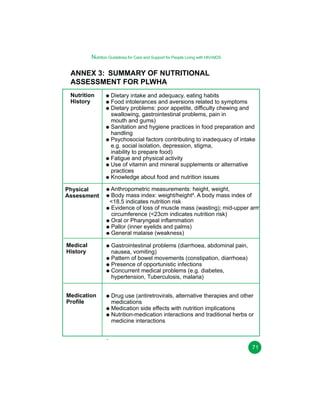 Nutrition Guidelines for Care and Support for People Living with HIV/AIDS

ANNEX 3: SUMMARY OF NUTRITIONAL
ASSESSMENT FOR PLWHA
Nutrition
History

Dietary intake and adequacy, eating habits
Food intolerances and aversions related to symptoms
Dietary problems: poor appetite, difficulty chewing and
swallowing, gastrointestinal problems, pain in
mouth and gums)
Sanitation and hygiene practices in food preparation and
handling
Psychosocial factors contributing to inadequacy of intake
e.g. social isolation, depression, stigma,
inability to prepare food)
Fatigue and physical activity
Use of vitamin and mineral supplements or alternative
practices
Knowledge about food and nutrition issues

Physical
Assessment

Anthropometric measurements: height, weight,
Body mass index: weight/height². A body mass index of
<18.5 indicates nutrition risk
Evidence of loss of muscle mass (wasting); mid-upper arm
circumference (<23cm indicates nutrition risk)
Oral or Pharyngeal inflammation
Pallor (inner eyelids and palms)
General malaise (weakness)

Medical
History

Gastrointestinal problems (diarrhoea, abdominal pain,
nausea, vomiting)
Pattern of bowel movements (constipation, diarrhoea)
Presence of opportunistic infections
Concurrent medical problems (e.g. diabetes,
hypertension, Tuberculosis, malaria)

Medication
Profile

Drug use (antiretrovirals, alternative therapies and other
medications
Medication side effects with nutrition implications
Nutrition-medication interactions and traditional herbs or
medicine interactions
·
71

 