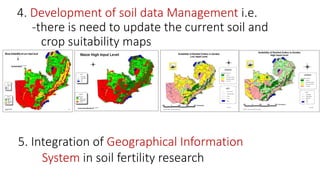 4. Development of soil data Management i.e.
-there is need to update the current soil and
crop suitability maps
5. Integration of Geographical Information
System in soil fertility research
 