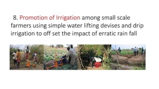 8. Promotion of Irrigation among small scale
farmers using simple water lifting devises and drip
irrigation to off set the impact of erratic rain fall
 