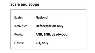Scale and Scope
Scale: National
Activities: Deforestation only
Pools: AGB, BGB, deadwood
Gases: CO2 only
 