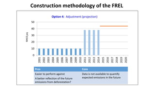 Pros Cons
Easier to perform against
A better reflection of the future
emissions from deforestation?
Data is not available to quantify
expected emissions in the future
MtCO2eq
Option 4: Adjustment (projection)
Construction methodology of the FREL
 