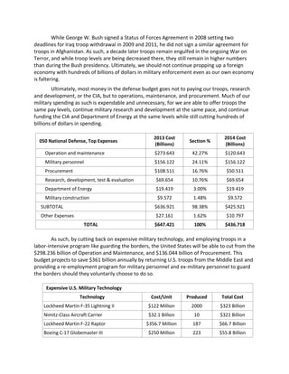 While George W. Bush signed a Status of Forces Agreement in 2008 setting two
deadlines for Iraq troop withdrawal in 2009 and 2011, he did not sign a similar agreement for
troops in Afghanistan. As such, a decade later troops remain engulfed in the ongoing War on
Terror, and while troop levels are being decreased there, they still remain in higher numbers
than during the Bush presidency. Ultimately, we should not continue propping up a foreign
economy with hundreds of billions of dollars in military enforcement even as our own economy
is faltering.
Ultimately, most money in the defense budget goes not to paying our troops, research
and development, or the CIA, but to operations, maintenance, and procurement. Much of our
military spending as such is expendable and unnecessary, for we are able to offer troops the
same pay levels, continue military research and development at the same pace, and continue
funding the CIA and Department of Energy at the same levels while still cutting hundreds of
billions of dollars in spending.
050 National Defense, Top Expenses
2013 Cost
(Billions)
Section %
2014 Cost
(Billions)
Operation and maintenance $273.643 42.27% $120.643
Military personnel $156.122 24.11% $156.122
Procurement $108.511 16.76% $50.511
Research, development, test & evaluation $69.654 10.76% $69.654
Department of Energy $19.419 3.00% $19.419
Military construction $9.572 1.48% $9.572
SUBTOTAL $636.921 98.38% $425.921
Other Expenses $27.161 1.62% $10.797
TOTAL $647.421 100% $436.718
As such, by cutting back on expensive military technology, and employing troops in a
labor-intensive program like guarding the borders, the United States will be able to cut from the
$298.236 billion of Operation and Maintenance, and $136.044 billion of Procurement. This
budget projects to save $361 billion annually by returning U.S. troops from the Middle East and
providing a re-employment program for military personnel and ex-military personnel to guard
the borders should they voluntarily choose to do so.
Expensive U.S. Military Technology
Technology Cost/Unit Produced Total Cost
Lockheed Martin F-35 Lightning II $122 Million 2000 $323 Billion
Nimitz-Class Aircraft Carrier $32.1 Billion 10 $321 Billion
Lockheed Martin F-22 Raptor $356.7 Million 187 $66.7 Billion
Boeing C-17 Globemaster III $250 Million 223 $55.8 Billion
 