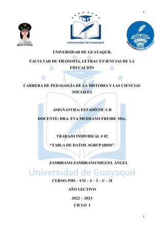 1
1
UNIVERSIDAD DE GUAYAQUIL
FACULTAD DE FILOSOFÍA, LETRAS Y CIENCIAS DE LA
EDUCACIÓN
CARRERA DE PEDAGOGÍA DE LA HISTORIA Y LAS CIENCIAS
SOCIALES
ASIGNATURA: ESTADÍSTICA II
DOCENTE: DRA. EVA MEDRANO FREIRE MSc.
TRABAJO INDIVIDUAL # 02
“TABLA DE DATOS AGRUPADOS”
ZAMBRANO ZAMBRANO MIGUEL ÁNGEL
CURSO:PHS – CO – 4 – 3 – C – II
AÑO LECTIVO
2022 – 2023
CICLO I
 