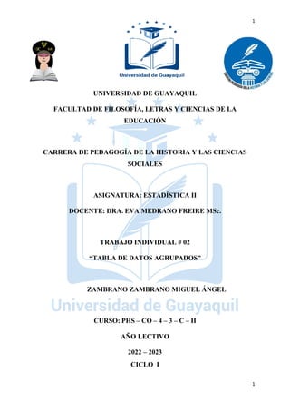 1
1
UNIVERSIDAD DE GUAYAQUIL
FACULTAD DE FILOSOFÍA, LETRAS Y CIENCIAS DE LA
EDUCACIÓN
CARRERA DE PEDAGOGÍA DE LA HISTORIA Y LAS CIENCIAS
SOCIALES
ASIGNATURA: ESTADÍSTICA II
DOCENTE: DRA. EVA MEDRANO FREIRE MSc.
TRABAJO INDIVIDUAL # 02
“TABLA DE DATOS AGRUPADOS”
ZAMBRANO ZAMBRANO MIGUEL ÁNGEL
CURSO: PHS – CO – 4 – 3 – C – II
AÑO LECTIVO
2022 – 2023
CICLO I
 