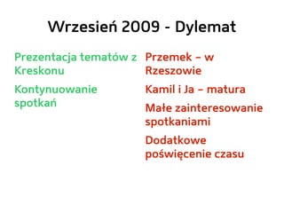 Wrzesień 2009 - Dylemat
Prezentacja tematów z Przemek – w
Kreskonu              Rzeszowie
Kontynuowanie        Kamil i Ja – matura
spotkań              Małe zainteresowanie
                     spotkaniami
                     Dodatkowe
                     poświęcenie czasu
 