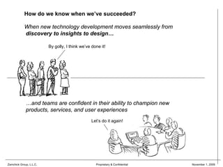 How do we know when we’ve succeeded?

            When new technology development moves seamlessly from
            discovery to insights to design…

                         By golly, I think we’ve done it!




             …and teams are confident in their ability to champion new
             products, services, and user experiences
                                                 Let’s do it again!




Zamchick Group, L.L.C.                             Proprietary & Confidential   November 1, 2009
 