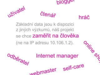 bloggeruživatelčtenářhráčZákladní data jsou k dispozici             z jiných výzkumů, náš projekt          se chce zaměřit na člověka(ne na IP adresu 10.106.1.2).online shopInternet managerodběratelself-carewebmaster