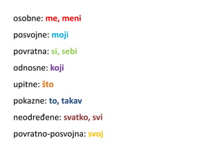 osobne: me, meni 
posvojne: moji 
povratna: si, sebi 
odnosne: koji 
upitne: što 
pokazne: to, takav 
neodređene: svatko, svi 
povratno-posvojna: svoj 
 