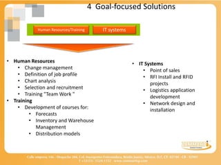 4 Goal-focused Solutions

            Human Resources/Training       IT systems




• Human Resources                                       • IT Systems
    • Change management                                     • Point of sales
    • Definition of job profile                             • RFI Install and RFID
    • Chart analysis                                           projects
    • Selection and recruitment                             • Logistics application
    • Training "Team Work "                                    development
• Training                                                  • Network design and
    • Development of courses for:                              installation
         • Forecasts
         • Inventory and Warehouse
           Management
         • Distribution models
 