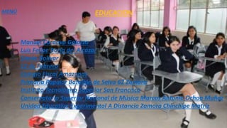 Manuel Córdova Galarza
Luis Felipe Borja del Alcázar
Simón Bolívar
12 de Febrero
Colegio Fiscal Amazonas
Primaria Popular Batallón de Selva 62 Zamora
Instituto Tecnológico Superior San Francisco
Conservatorio Superior Nacional de Música Marcos Antonio Ochoa Muñoz
Unidad Educativa Experimental A Distancia Zamora Chinchipe Matriz
EDUCACIONMENÚ
 