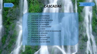• CASCADA LA PODEROZA
• CASCADA LA CHORRILLO
• CASCADA LA VELO DE NOVIA
• CASCADA EL DESTROZO
• CASCADA LA CHISMOSA
• CASCADA EL AVENTURERO
• CASCADA LA ROSA
• CASCADA SAN ANTONIO DE GUADALUPE
• CASCADA EL GENAIRO
• CASCADA LA GENTIL
• CASCADA SAN CLEOTILDE
• CASCADA DE ICHENNI
• CASCADA VELO DE NINFA
INICIO
CASCADAS
VIDEO
 