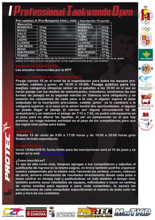  
	
  
Pre cadetes A /Pre-Benjamín 2008 y 2009. ( Inscripción 15 euros)
Masculino Femenino
MINIMOSCA -19 kg MINIMOSCA -19 kg
MOSCA -21kg MOSCA -21kg
GALLO -23 kg GALLO -23 kg
PLUMA -25 kg PLUMA -25 kg
LIGERO -27 kg LIGERO -27 kg
S-LIGERO - 29 kg S-LIGERO - 29 kg
SEMI MEDIO -31kg SEMI MEDIO -31kg
MEDIO -34 kg MEDIO -34 kg
SEMI PESADO - 37 kg SEMI PESADO - 37 kg
PESADO + 37 kg PESADO + 37 kg
(Reglas especiales para los niños que se inician en la competición 1º 2º combate de su vida, no se puede
golpear en el casco y no se ve la puntuación, no hay regalos para este grupo, solo medallas)
NORMAS DE COMPETICIÓN
Las actuales reconocidas por la WTF
PESAJE Y ENTREGA DE ACREDITACIONES.
Pesaje viernes 15 en el hotel de la organización para todos los equipos pre-
cadetes, cadetes y junior, de 16:00 a 19:30h. Pesaje público para los
medios categorías olímpicas sénior en el pabellón a las 20:00 en el que se
harán pesaje con los medios de comunicación, (voluntario, tendremos las dos
formas de pesaje) en la segunda edición en Valencia será obligatorio y se
pesarán los campeones de cada peso a la vez, si alguien supera el peso
estipulado en la inscripción pre-cadete, cadete, junior se le cambiará a la
categoría superior, si lo hace en la sénior tendrá dos oportunidades, si alguien
no puede llegar al pesaje el viernes por alguna circunstancia ha de
comunicarlo y se realizará el pesaje de 7:15 a 7:45, no podrá sobrepasarse en
el peso para no alterar las liguillas. Al ser un campeonato en el que hay
premios, se ruega máxima seriedad en el peso de los competidores para que
las reglas sean justas para todos.
HORARIOS
Sábado 13 de Junio de 8:00 a 17:00 horas y de 18:00 a 20:00 horas gran
finales formato espectáculo.
INSCRIPCIONES
Inicio 13/Abril/2015, fecha límite para las inscripciones será el 10 de junio y se
harán en la web www.uptkd.com
¿Como inscribirse?
Te das de alta como club, después agregas a tus competidores y adjuntas el
justificante de ingreso en la misma página, en breve también podréis organizar
vuestro campeonato por la misma web, haciendo los sorteos, cruces, cabezas
de serie, enviará información de resultados directamente desde cada pista a
mesa central en tiempo real y publicándose en web también a tiempo real,
también podréis sacar resultados de equipos, individuales o hacer un ranking
de varios eventos para equipos o para cada competidor, te sacará las
acreditaciones de cada competidor especificando el número de pista color de
peto y hora de sus combates.
 