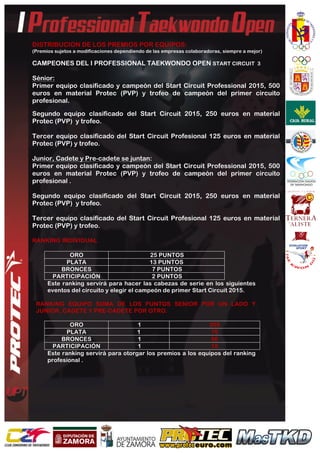  
	
  
DISTRIBUCION DE LOS PREMIOS POR EQUIPOS:
(Premios sujetos a modificaciones dependiendo de las empresas colaboradoras, siempre a mejor)
CAMPEONES DEL I PROFESSIONAL TAEKWONDO OPEN START CIRCUIT 3
Sénior:
Primer equipo clasificado y campeón del Start Circuit Professional 2015, 500
euros en material Protec (PVP) y trofeo de campeón del primer circuito
profesional.
Segundo equipo clasificado del Start Circuit 2015, 250 euros en material
Protec (PVP) y trofeo.
Tercer equipo clasificado del Start Circuit Profesional 125 euros en material
Protec (PVP) y trofeo.
Junior, Cadete y Pre-cadete se juntan:
Primer equipo clasificado y campeón del Start Circuit Professional 2015, 500
euros en material Protec (PVP) y trofeo de campeón del primer circuito
profesional .
Segundo equipo clasificado del Start Circuit 2015, 250 euros en material
Protec (PVP) y trofeo.
Tercer equipo clasificado del Start Circuit Profesional 125 euros en material
Protec (PVP) y trofeo.
RANKING INDIVIDUAL
ORO 25 PUNTOS
PLATA 13 PUNTOS
BRONCES 7 PUNTOS
PARTICIPACIÓN 2 PUNTOS
Este ranking servirá para hacer las cabezas de serie en los siguientes
eventos del circuito y elegir el campeón de primer Start Circuit 2015.
RANKING EQUIPO SUMA DE LOS PUNTOS SENIOR POR UN LADO Y
JUNIOR, CADETE Y PRE-CADETE POR OTRO.
ORO 1 200
PLATA 1 75
BRONCES 1 50
PARTICIPACIÓN 1 15
Este ranking servirá para otorgar los premios a los equipos del ranking
profesional .
 