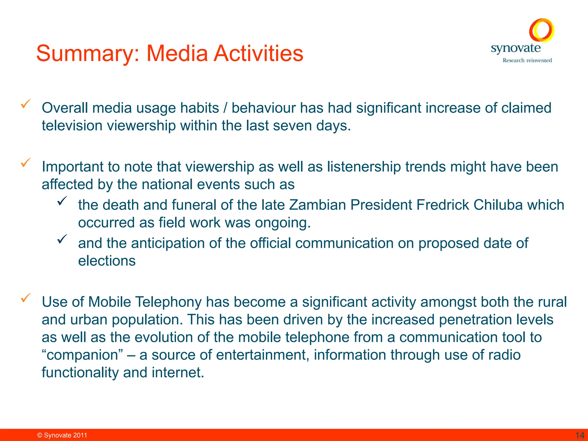© Synovate 2011 14
Summary: Media Activities
 Overall media usage habits / behaviour has had significant increase of claimed
television viewership within the last seven days.
 Important to note that viewership as well as listenership trends might have been
affected by the national events such as
 the death and funeral of the late Zambian President Fredrick Chiluba which
occurred as field work was ongoing.
 and the anticipation of the official communication on proposed date of
elections
 Use of Mobile Telephony has become a significant activity amongst both the rural
and urban population. This has been driven by the increased penetration levels
as well as the evolution of the mobile telephone from a communication tool to
“companion” – a source of entertainment, information through use of radio
functionality and internet.
 
