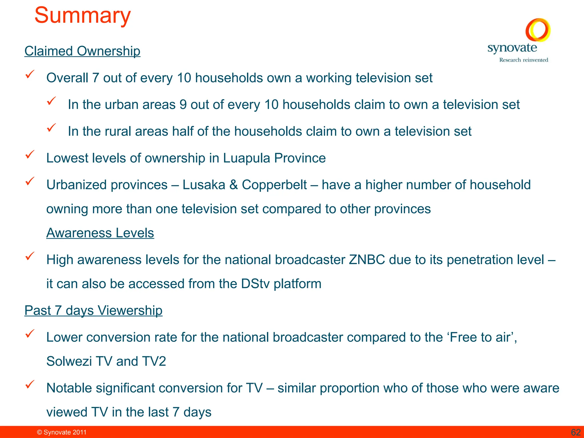© Synovate 2011 62
Summary
Claimed Ownership
 Overall 7 out of every 10 households own a working television set
 In the urban areas 9 out of every 10 households claim to own a television set
 In the rural areas half of the households claim to own a television set
 Lowest levels of ownership in Luapula Province
 Urbanized provinces – Lusaka & Copperbelt – have a higher number of household
owning more than one television set compared to other provinces
Awareness Levels
 High awareness levels for the national broadcaster ZNBC due to its penetration level –
it can also be accessed from the DStv platform
Past 7 days Viewership
 Lower conversion rate for the national broadcaster compared to the ‘Free to air’,
Solwezi TV and TV2
 Notable significant conversion for TV – similar proportion who of those who were aware
viewed TV in the last 7 days
 