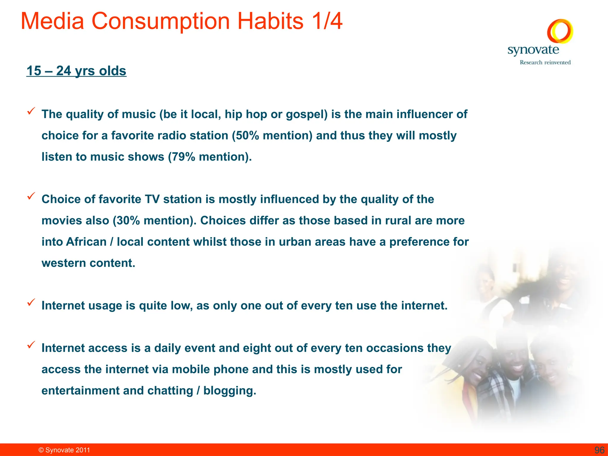 © Synovate 2011 96
Media Consumption Habits 1/4
15 – 24 yrs olds
 The quality of music (be it local, hip hop or gospel) is the main influencer of
choice for a favorite radio station (50% mention) and thus they will mostly
listen to music shows (79% mention).
 Choice of favorite TV station is mostly influenced by the quality of the
movies also (30% mention). Choices differ as those based in rural are more
into African / local content whilst those in urban areas have a preference for
western content.
 Internet usage is quite low, as only one out of every ten use the internet.
 Internet access is a daily event and eight out of every ten occasions they
access the internet via mobile phone and this is mostly used for
entertainment and chatting / blogging.
 