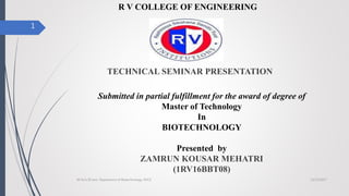 R V COLLEGE OF ENGINEERING
TECHNICAL SEMINAR PRESENTATION
Submitted in partial fulfillment for the award of degree of
Master of Technology
In
BIOTECHNOLOGY
Presented by
ZAMRUN KOUSAR MEHATRI
(1RV16BBT08)
12/15/2017M.Tech III sem, Department of Biotechnology, RVCE
1
 