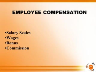 •Salary Scales
•Wages
•Bonus
•Commission
EMPLOYEE COMPENSATION
 
