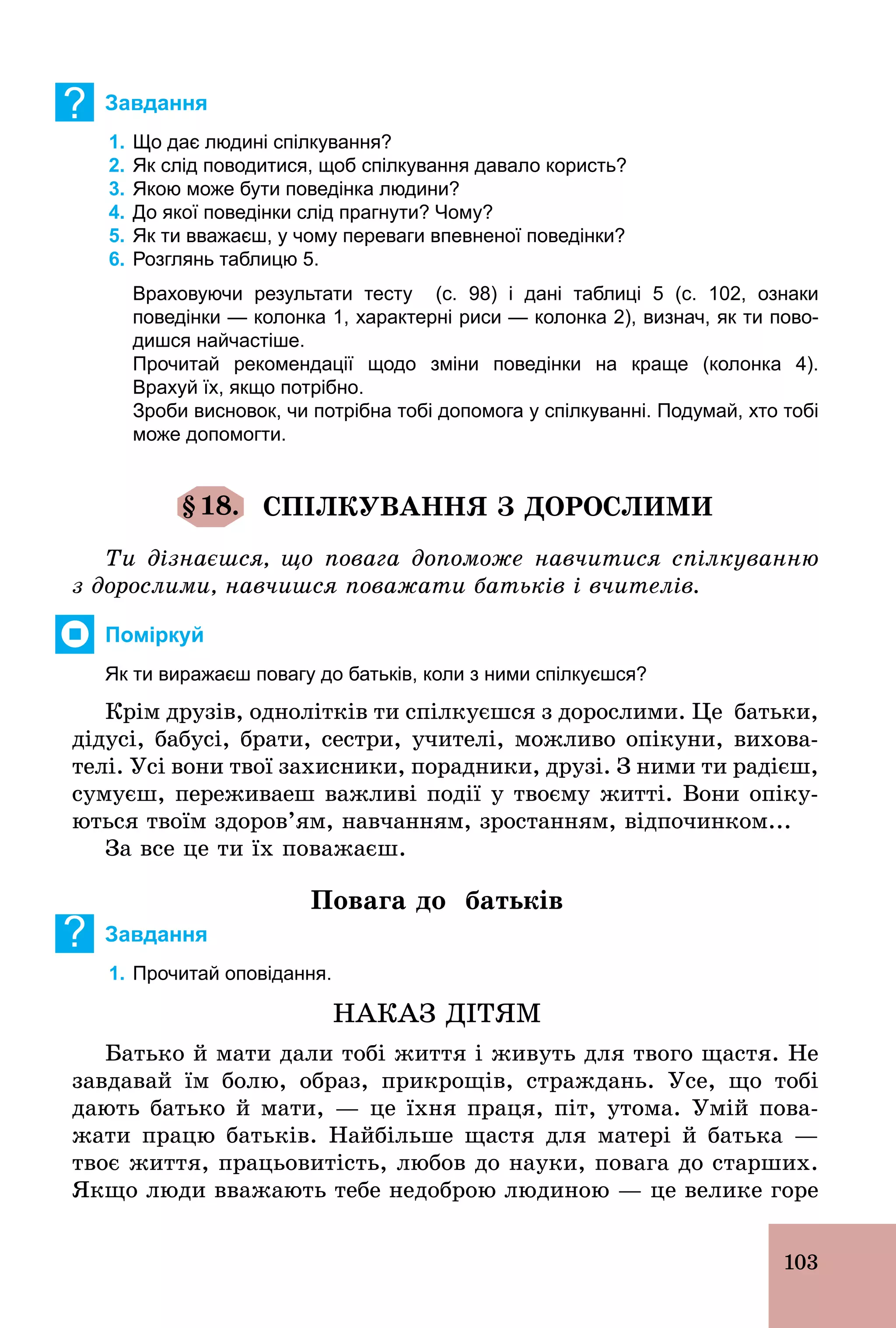 103
? Завдання
1. Що дає людині спілкування?
2. Як слід поводитися, щоб спілкування давало користь?
3. Якою може бути поведінка людини?
4. До якої поведінки слід прагнути? Чому?
5. Як ти вважаєш, у чому переваги впевненої поведінки?
6. Розглянь таблицю 5.
Враховуючи результати тесту (с. 98) і дані таблиці 5 (с. 102, ознаки
поведінки — колонка 1, характерні риси — колонка 2), визнач, як ти пово­
дишся найчастіше.
Прочитай рекомендації щодо зміни поведінки на краще (колонка 4).
Врахуй їх, якщо потрібно.
Зроби висновок, чи потрібна тобі допомога у спілкуванні. Подумай, хто тобі
може допомогти.
§18. СПІЛКУВАННЯ З ДОРОСЛИМИ
Ти дізнаєшся, що повага допоможе навчитися спілкуванню
з дорослими, навчишся поважати батьків і вчителів.
Поміркуй
Як ти виражаєш повагу до батьків, коли з ними спілкуєшся?
Крім друзів, однолітків ти спілкуєшся з дорослими. Це батьки,
дідусі, бабусі, брати, сестри, учителі, можливо опікуни, вихова-
телі. Усі вони твої захисники, порадники, друзі. З ними ти радієш,
сумуєш, переживаеш важливі події у твоєму житті. Вони опіку-
ються твоїм здоров’ям, навчанням, зростанням, відпочинком...
За все це ти їх поважаєш.
Повага до батьків
? Завдання
1. Прочитай оповідання.
НАКАЗ ДІТЯМ
Батько й мати дали тобі життя і живуть для твого щастя. Не
завдавай їм болю, образ, прикрощів, страждань. Усе, що тобі
дають батько й мати, — це їхня праця, піт, утома. Умій пова-
жати працю батьків. Найбільше щастя для матері й батька —
твоє життя, працьовитість, любов до науки, повага до старших.
Якщо люди вважають тебе недоброю людиною — це велике горе
 