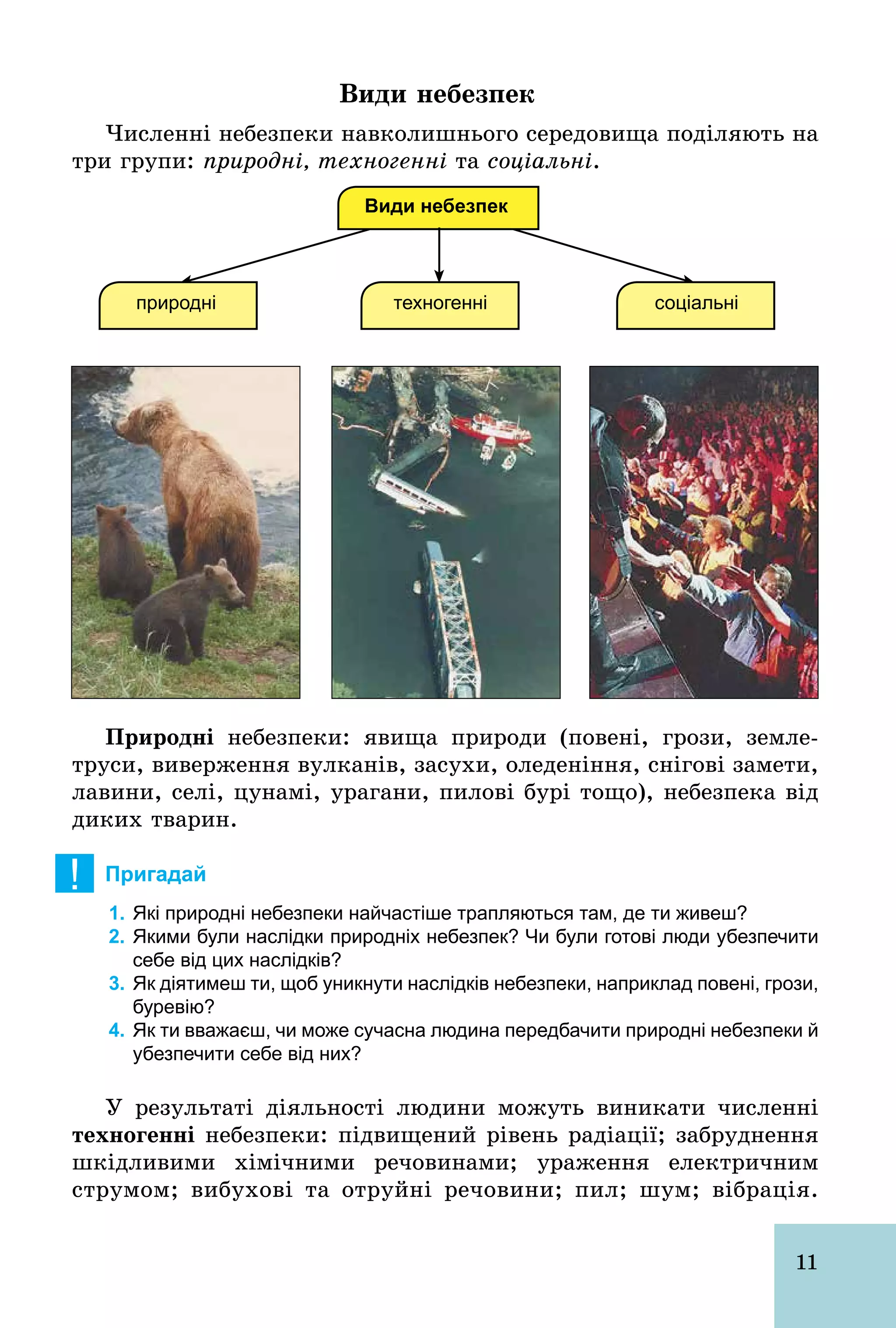 11
Види небезпек
Численні небезпеки навколишнього середовища поділяють на
три групи: природні, техногенні та соціальні.
Види небезпек
природні техногенні соціальні
Природні небезпеки: явища природи (повені, грози, земле-
труси, виверження вулканів, засухи, оледеніння, снігові замети,
лавини, селі, цунамі, урагани, пилові бурі тощо), небезпека від
диких тварин.
! Пригадай
1. Які природні небезпеки найчастіше трапляються там, де ти живеш?
2. Якими були наслідки природніх небезпек? Чи були готові люди убезпечити
себе від цих наслідків?
3. Як діятимеш ти, щоб уникнути наслідків небезпеки, наприклад повені, грози,
буревію?
4. Як ти вважаєш, чи може сучасна людина передбачити природні небезпеки й
убезпечити себе від них?
У результаті діяльності людини можуть виникати численні
техногенні небезпеки: підвищений рівень радіації; забруднення
шкідливими хімічними речовинами; ураження електричним
струмом; вибухові та отруйні речовини; пил; шум; вібрація.
 