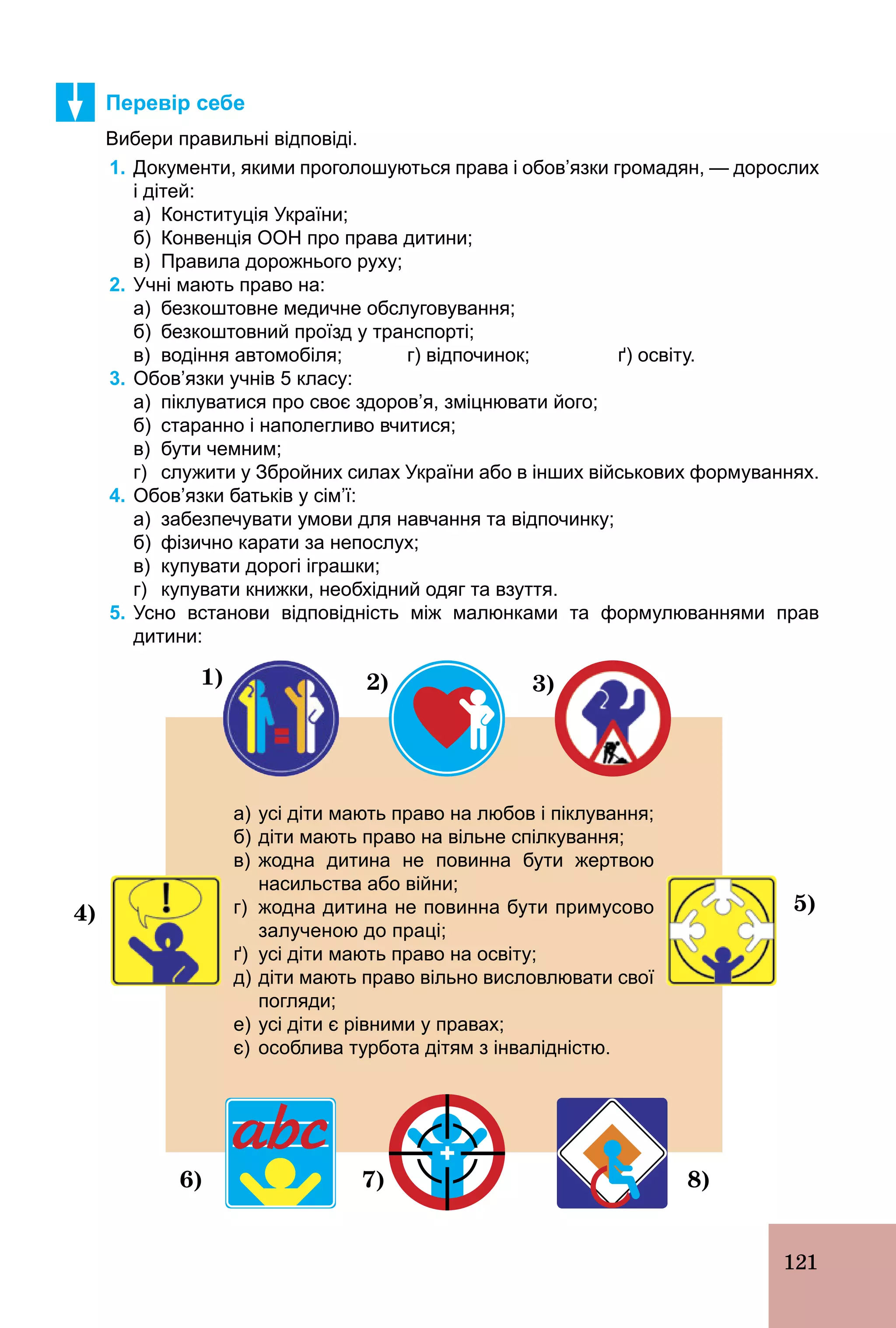 121
Перевір себе
Вибери правильні відповіді.
1. Документи, якими проголошуються права і обов’язки громадян, — дорослих
і дітей:
а) Конституція України;
б) Конвенція ООН про права дитини;
в) Правила дорожнього руху;
2. Учні мають право на:
а) безкоштовне медичне обслуговування;
б) безкоштовний проїзд у транспорті;
в) водіння автомобіля; г) відпочинок; ґ) освіту.
3. Обов’язки учнів 5 класу:
а) піклуватися про своє здоров’я, зміцнювати його;
б) старанно і наполегливо вчитися;
в) бути чемним;
г) служити у Збройних силах України або в інших військових формуваннях.
4. Обов’язки батьків у сім’ї:
а) забезпечувати умови для навчання та відпочинку;
б) фізично карати за непослух;
в) купувати дорогі іграшки;
г) купувати книжки, необхідний одяг та взуття.
5. Усно встанови відповідність між малюнками та формулюваннями прав
дитини:
5)
а) усі діти мають право на любов і піклування;
б) діти мають право на вільне спілкування;
в) жодна дитина не повинна бути жертвою
насильства або війни;
г) жодна дитина не повинна бути примусово
залученою до праці;
ґ) усі діти мають право на освіту;
д) діти мають право вільно висловлювати свої
погляди;
е) усі діти є рівними у правах;
є) особлива турбота дітям з інвалідністю.
6) 7) 8)
2)
4)
3)1)
 