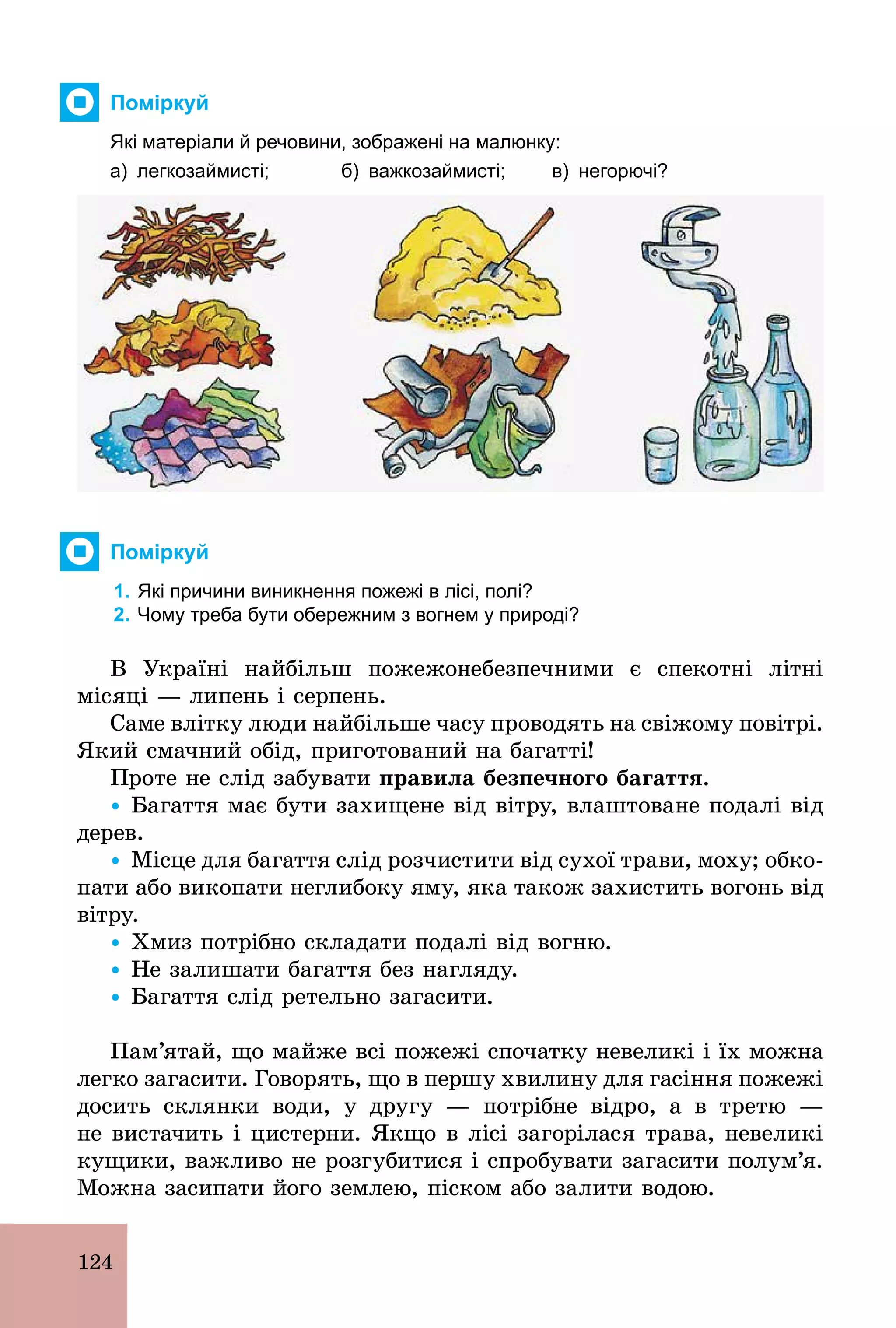 124
Поміркуй
Які матеріали й речовини, зображені на малюнку:
а) легкозаймисті; б) важкозаймисті; в) негорючі?
Поміркуй
1. Які причини виникнення пожежі в лісі, полі?
2. Чому треба бути обережним з вогнем у природі?
В Україні найбільш пожежонебезпечними є спекотні літні
місяці — липень і серпень.
Саме влітку люди найбільше часу проводять на свіжому повітрі.
Який смачний обід, приготований на багатті!
Проте не слід забувати правила безпечного багаття.
Ÿ Багаття має бути захищене від вітру, влаштоване подалі від
дерев.
Ÿ Місце для багаття слід розчистити від сухої трави, моху; обко-
пати або викопати неглибоку яму, яка також захистить вогонь від
вітру.
Ÿ Хмиз потрібно складати подалі від вогню.
Ÿ Не залишати багаття без нагляду.
Ÿ Багаття слід ретельно загасити.
Пам’ятай, що майже всі пожежі спочатку невеликі і їх можна
легко загасити. Говорять, що в першу хвилину для гасіння пожежі
досить склянки води, у другу — потрібне відро, а в третю —
не вистачить і цистерни. Якщо в лісі загорілася трава, невеликі
кущики, важливо не розгубитися і спробувати загасити полум’я.
Можна засипати його землею, піском або залити водою.
 