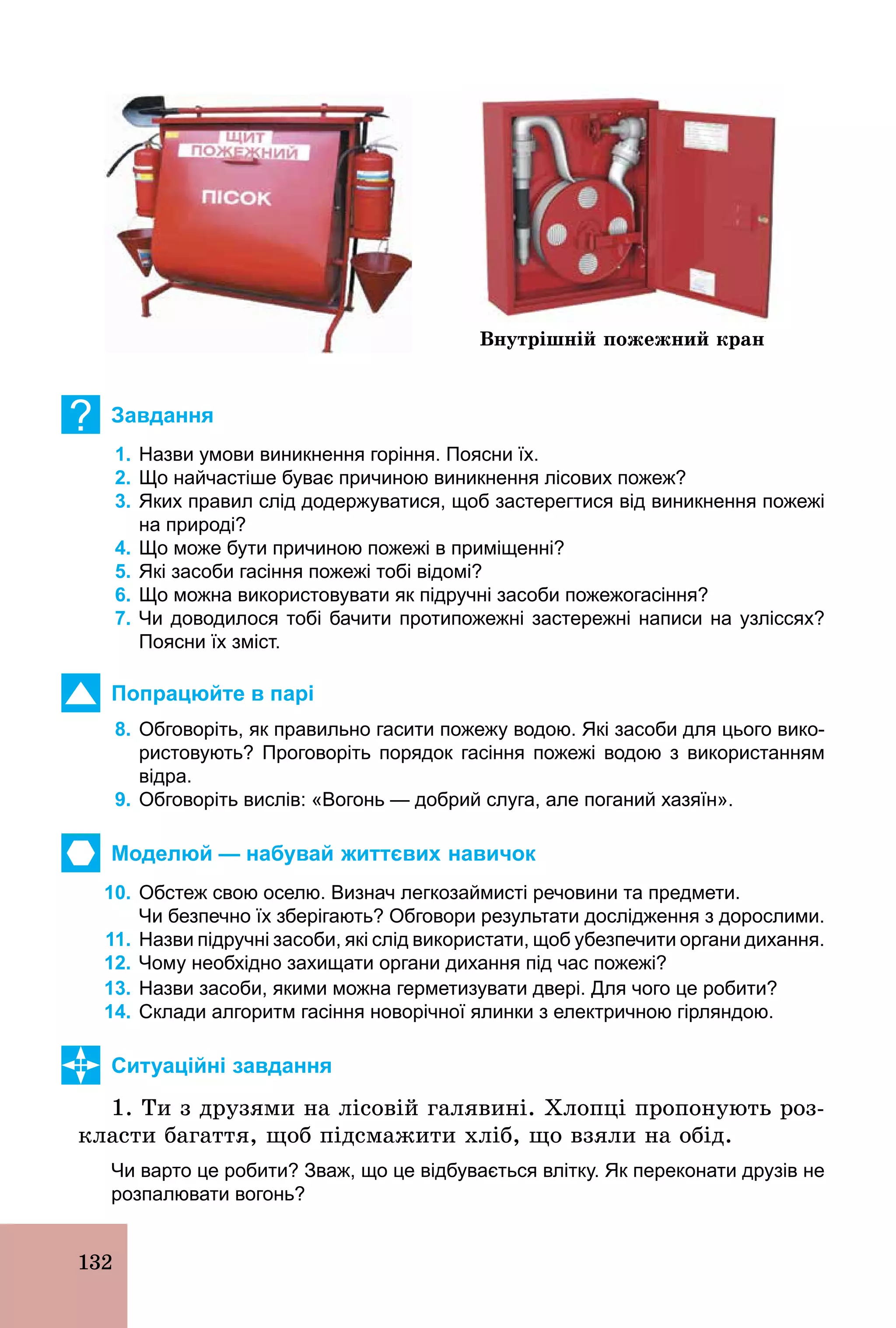 132
Внутрішній пожежний кран
? Завдання
1. Назви умови виникнення горіння. Поясни їх.
2. Що найчастіше буває причиною виникнення лісових пожеж?
3. Яких правил слід додержуватися, щоб застерегтися від виникнення пожежі
на природі?
4. Що може бути причиною пожежі в приміщенні?
5. Які засоби гасіння пожежі тобі відомі?
6. Що можна використовувати як підручні засоби пожежогасіння?
7. Чи доводилося тобі бачити протипожежні застережні написи на узліссях?
Поясни їх зміст.
Попрацюйте в парі
8. Обговоріть, як правильно гасити пожежу водою. Які засоби для цього вико­
ристовують? Проговоріть порядок гасіння пожежі водою з використанням
відра.
9. Обговоріть вислів: «Вогонь — добрий слуга, але поганий хазяїн».
Моделюй — набувай життєвих навичок
10. Обстеж свою оселю. Визнач легкозаймисті речовини та предмети.
Чи безпечно їх зберігають? Обговори результати дослідження з дорослими.
11. Назви підручні засоби, які слід використати, щоб убезпечити органи дихання.
12. Чому необхідно захищати органи дихання під час пожежі?
13. Назви засоби, якими можна герметизувати двері. Для чого це робити?
14. Склади алгоритм гасіння новорічної ялинки з електричною гірляндою.
Ситуаційні завдання
1. Ти з друзями на лісовій галявині. Хлопці пропонують роз-
класти багаття, щоб підсмажити хліб, що взяли на обід.
Чи варто це робити? Зваж, що це відбувається влітку. Як переконати друзів не
розпалювати вогонь?
 