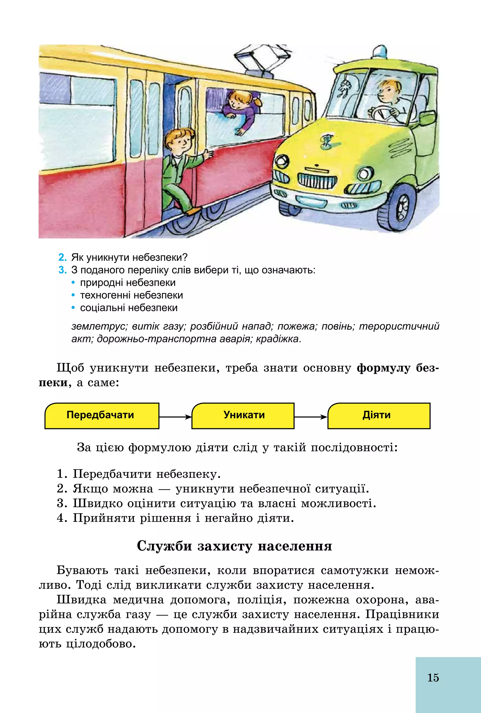15
2. Як уникнути небезпеки?
3. З поданого переліку слів вибери ті, що означають:
• природні небезпеки
• техногенні небезпеки
• соціальні небезпеки
землетрус; витік газу; розбійний напад; пожежа; повінь; терористичний
акт; дорожньотранспортна аварія; крадіжка.
Щоб уникнути небезпеки, треба знати основну формулу без-
ïåêè, а саме:
Передбачати Уникати Діяти
За цією формулою діяти слід у такій послідовності:
1. Передбачити небезпеку.
2. Якщо можна — уникнути небезпечної ситуації.
3. Швидко оцінити ситуацію та власні можливості.
4. Прийняти рішення і негайно діяти.
Служби захисту населення
Бувають такі небезпеки, коли впоратися самотужки немож-
ливо. Тоді слід викликати служби захисту населення.
Швидка медична допомога, поліція, пожежна охорона, ава-
рійна служба газу — це служби захисту населення. Працівники
цих служб надають допомогу в надзвичайних ситуаціях і працю-
ють цілодобово.
 