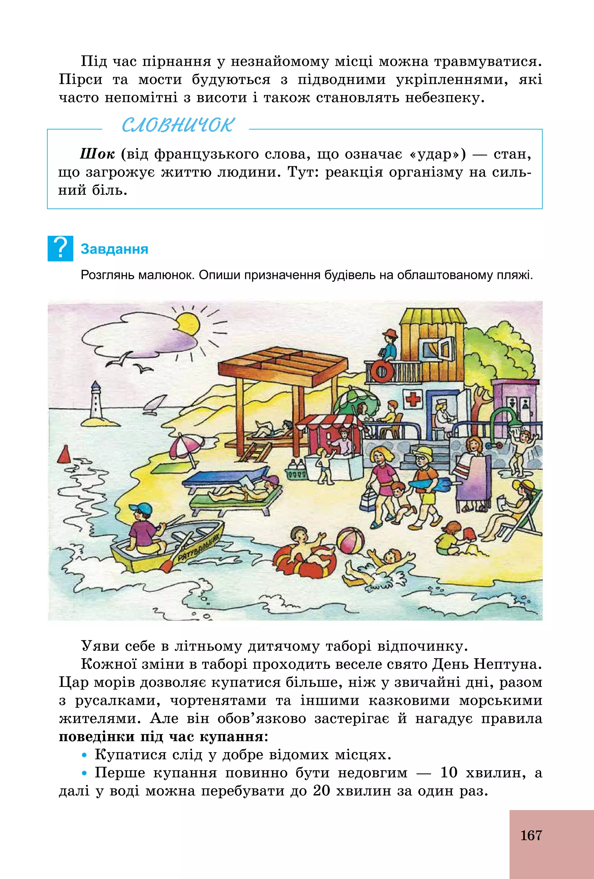 167
Під час пірнання у незнайомому місці можна травмуватися.
Пірси та мости будуються з підводними укріпленнями, які
часто непомітні з висоти і також становлять небезпеку.
Шок (від французького слова, що означає «удар») — стан,
що загрожує життю людини. Тут: реакція організму на силь-
ний біль.
СЛОВНИЧОК
? Завдання
Розглянь малюнок. Опиши призначення будівель на облаштованому пляжі.
Уяви себе в літньому дитячому таборі відпочинку.
Кожної зміни в таборі проходить веселе свято День Нептуна.
Цар морів дозволяє купатися більше, ніж у звичайні дні, разом
з русалками, чортенятами та іншими казковими морськими
жителями. Але він обов’язково застерігає й нагадує правила
поведінки під час купання:
Ÿ Купатися слід у добре відомих місцях.
Ÿ Перше купання повинно бути недовгим — 10 хвилин, а
далі у воді можна перебувати до 20 хвилин за один раз.
 